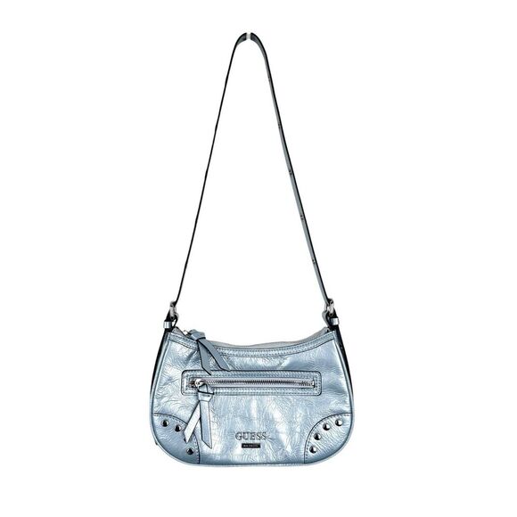 Guess Y2K Chanera Mini Shoulder Bag Blue Metallic Baguette Logo Vegan Studded - Picture 1 of 16